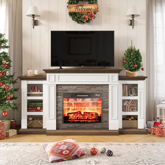 LGHM 70" Electric Fireplace with Mantel, Fireplace TV Stand for TVs Up to 80 Inch, Farmhouse Entertainment Center with Storage, Realistic Stacked Stone Surround with Remote Control for Living Room