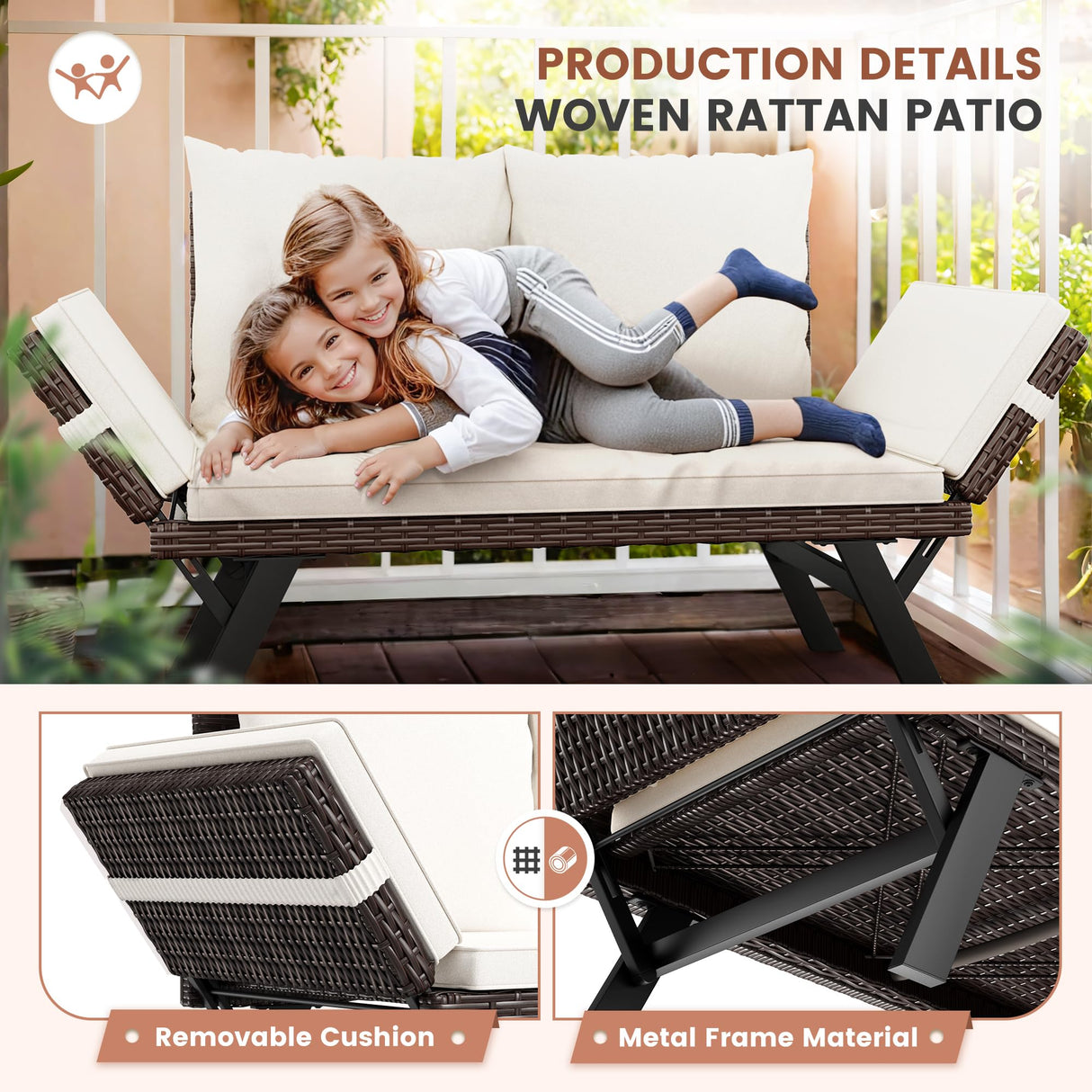 Flamaker Outdoor Convertible Sofa, Woven Rattan Patio Furniture Sunbed with Adjustable Armrests, Removable Cushions and Pillows for Patio, Porch, Pool (Brown Lounger & Beige Pillowcase) Flamaker