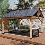 Yardsight Wood Gazebo 11' x 13', Hardtop Wooden Cedar Gazebo with Galvanized Steel Roof, Permanent Outdoor Pavilion for Garden, Patio, Deck, Backyard, Lawn. Yardsight