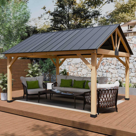 Yardsight Wood Gazebo 11' x 13', Hardtop Wooden Cedar Gazebo with Galvanized Steel Roof, Permanent Outdoor Pavilion for Garden, Patio, Deck, Backyard, Lawn. Yardsight