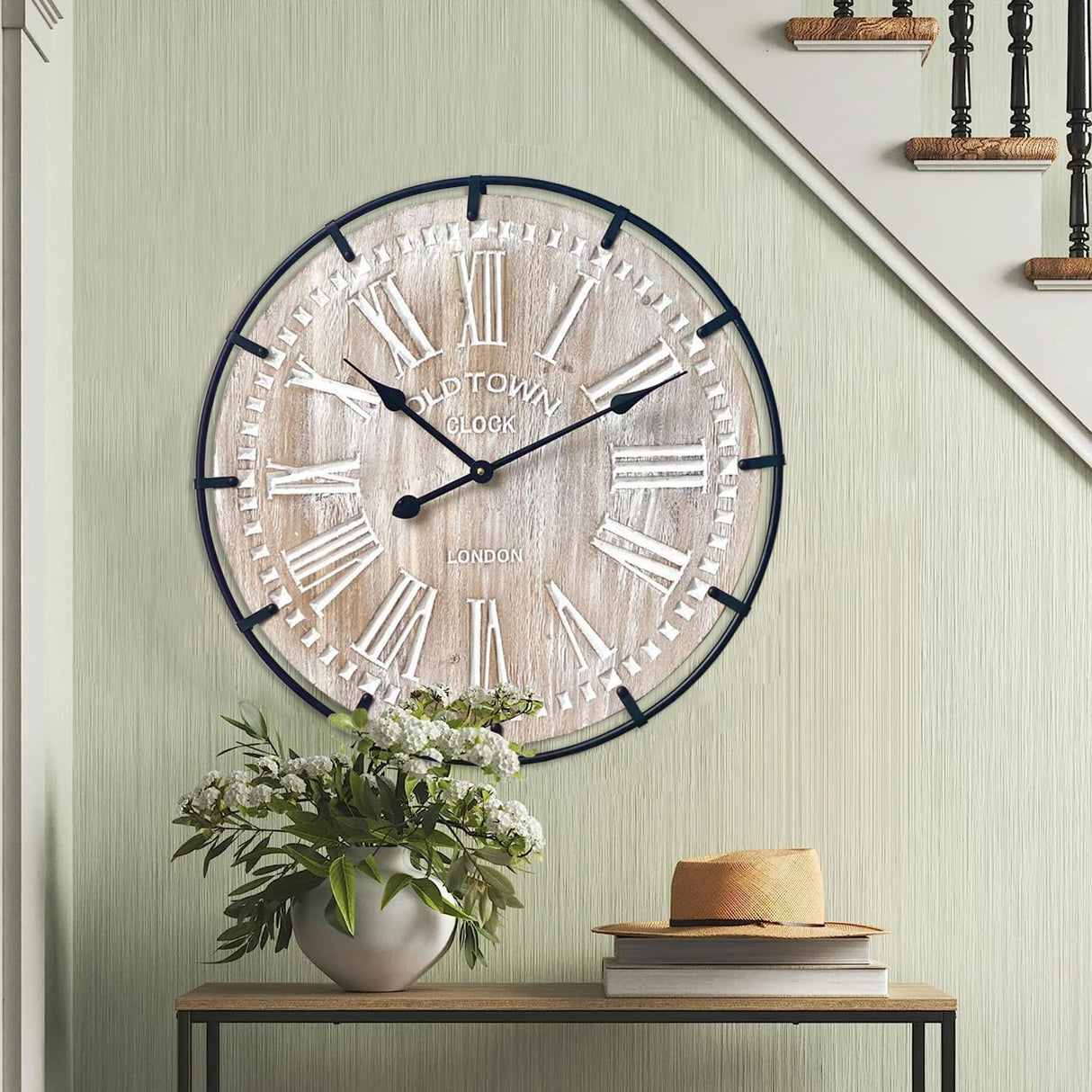 EMAX HOME 24 Inch Large Farmhouse Wall Clock, Rustic Antique Wood with Metal Circle and Large Engraved Numerals, Silent Battery Operated Wall Clock for Office Kitchen Bedroom Living Room EMAX HOME