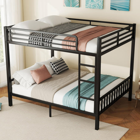 mikibama Queen Over Queen Bunk,Metal Heavy Duty Bunk Beds for Adults,Queen Bunk Bed with Built-in Ladder,Industrial Bunkbeds for Kids,Adult,Small Spaces,Space Saving. (Black, Queen Over Queen) mikibama
