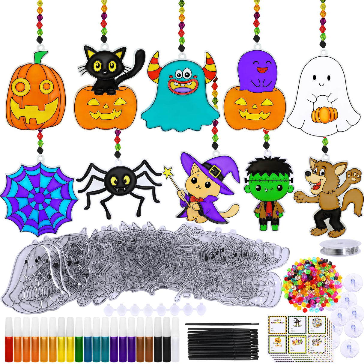 Winlyn 30 Sets Halloween Suncatchers Ornaments Decorations DIY Window Paint Art Suncatchers Halloween Craft Kits Jack-O'-Lantern Ghost Spider Sun Catchers for Kids Classroom Activities Art Project Winlyn