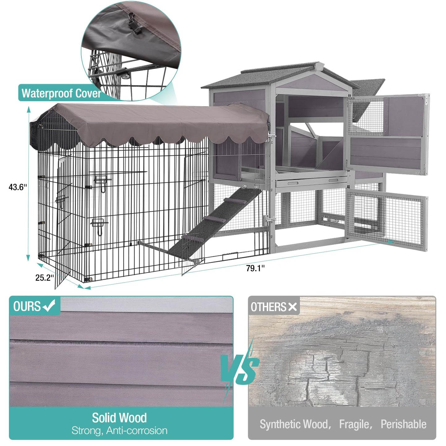 SUUMERPETY Chicken Coop Outdoor,Wooden Chicken House with Metal Chicken Run,Mobile Hen House with Nesting Box,Outdoor Poultry Cage for Yard Farm Use