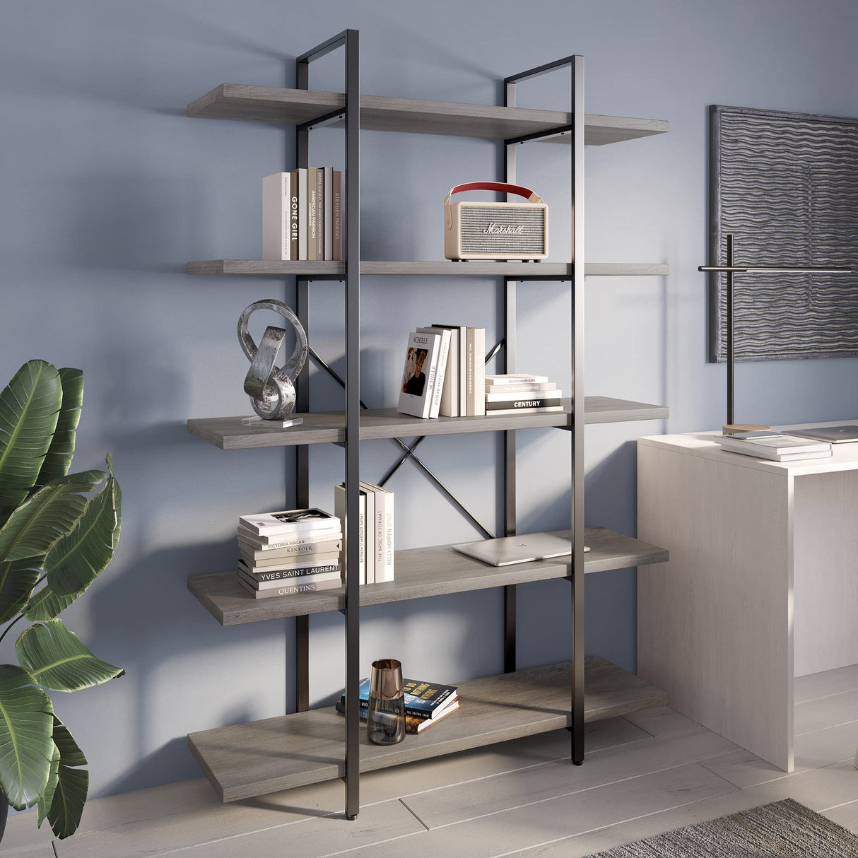 BELLEZE 5-Tier Wood Bookshelf, 70 Inch Industrial Storage Shelves Organizer for Living Room, Pantry, Home Office and Garage, Open Display Shelves with Metal Frame - Gray Wash BELLEZE