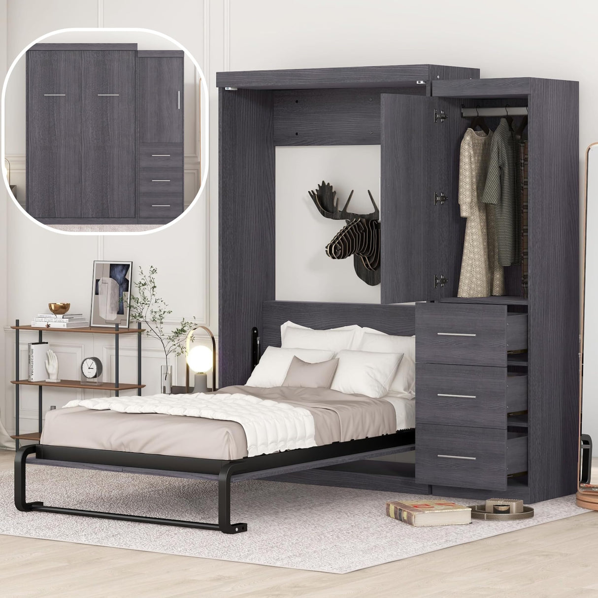 SOFTSEA Twin Size Murphy Bed, Farmhouse Wood Hidden Foldable Wall Bed Frame with Wardrobe and Storage Drawers, Can be Folded into a Cabinet, No Box Spring Needed, Grey SOFTSEA