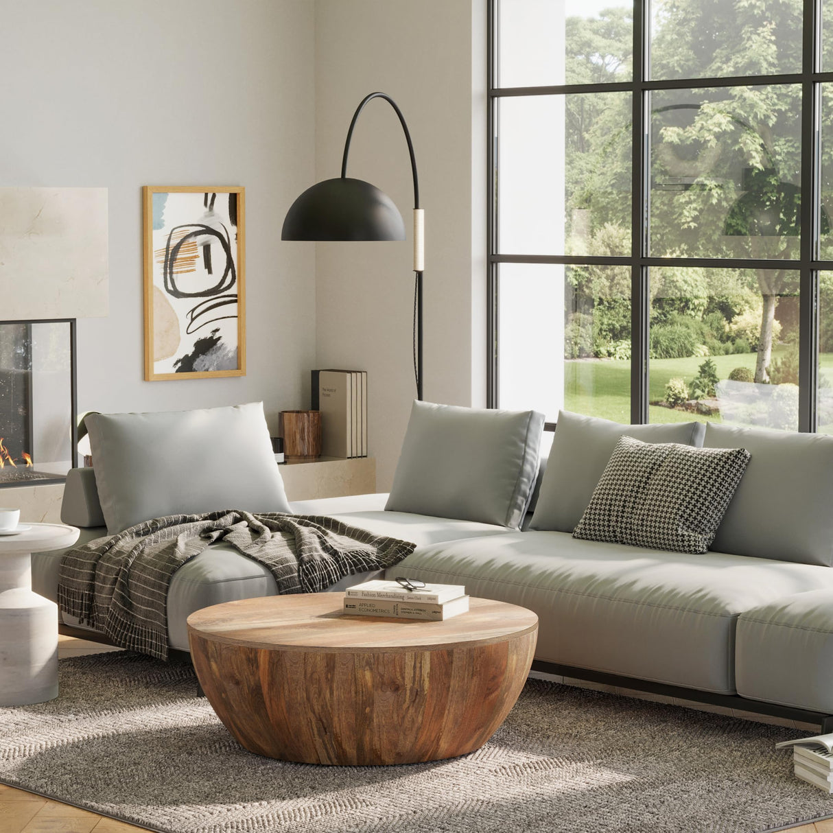 SIMPLIHOME Elmbrook SOLID MANGO WOOD Modern Industrial 34 Inch Wide Drum Coffee Table in Natural, Fully Assembled, for The Living Room and Family Room SIMPLIHOME