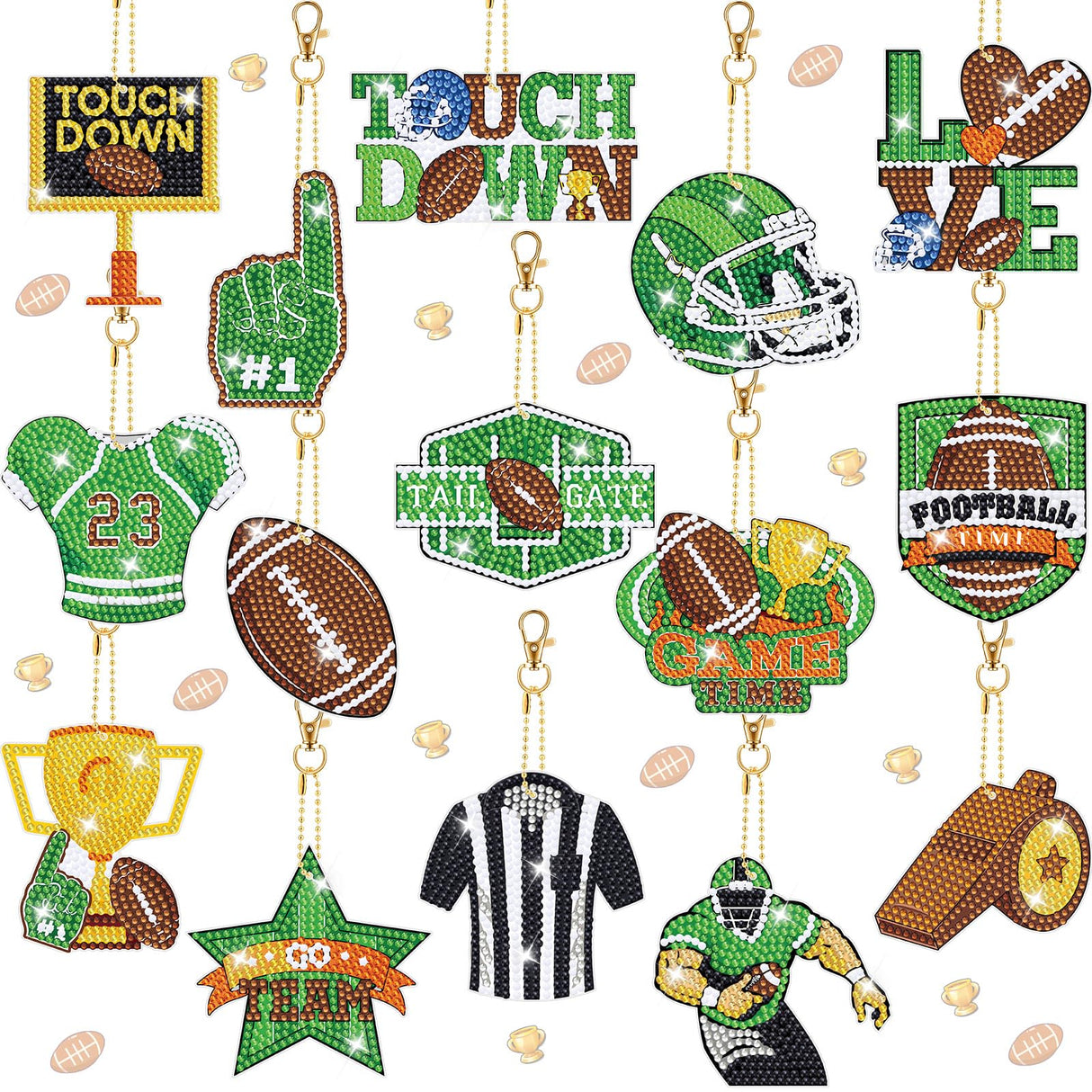 BBTO 15 pcs Football Diamond Art Keychains 5d Diamond Painting Keychain Football Party Decoration DIY Ornaments Pendant Kits for Adult BBTO