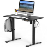 SHW Small Electric Height Adjustable Sit Stand Desk with Hanging Hooks and Cable Management, 40 x 22 Inches, BlackFrame and Black Top SHW