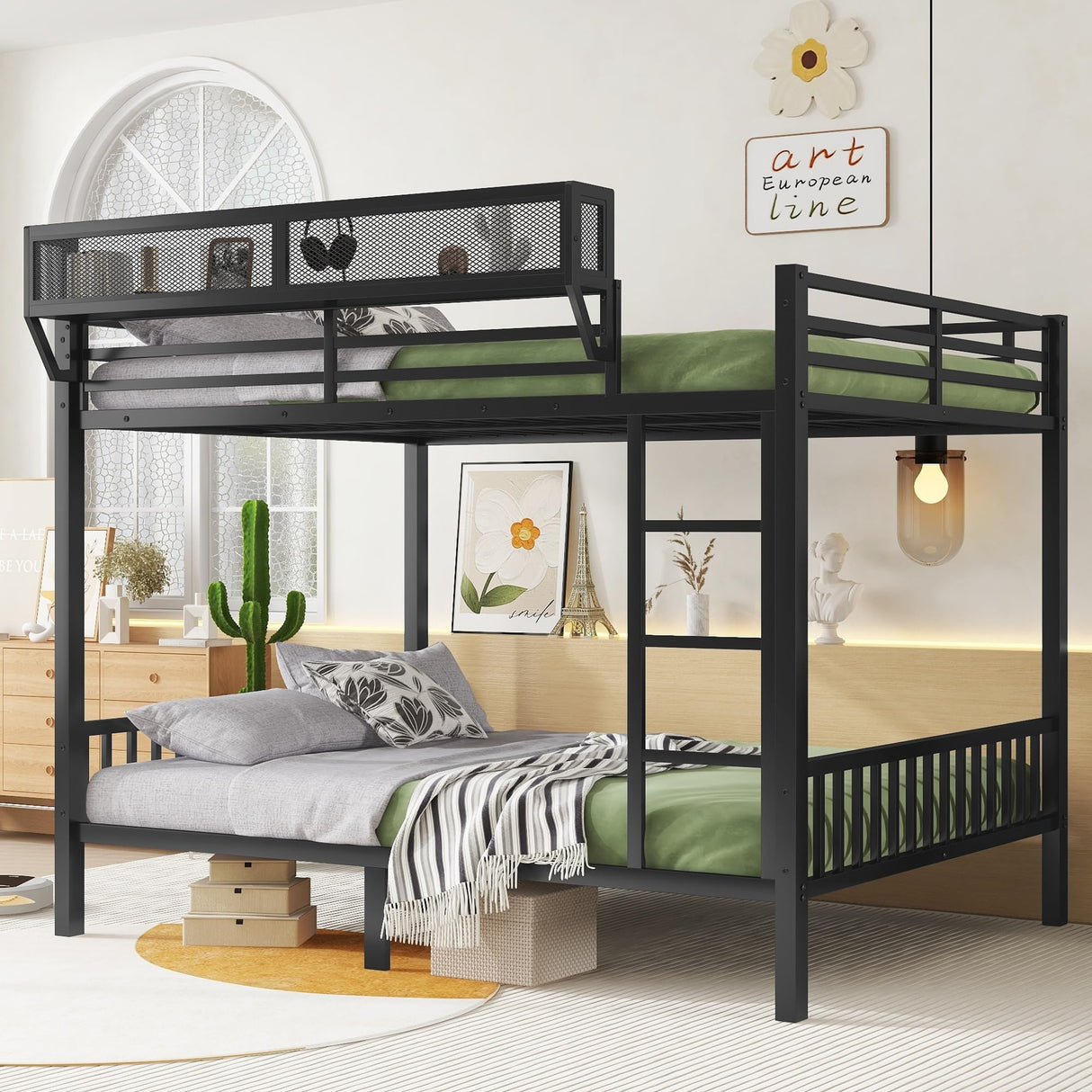 Mirightone Queen Over Queen Bunk Beds for Adults, Metal Bunk Bed Queen Size with Storage Shelf,Heavy-Duty Bunk Bed Frame with Ladder and Slats Support for Boys Girls,Space-Saving,Noise Reduced,Black Mirightone