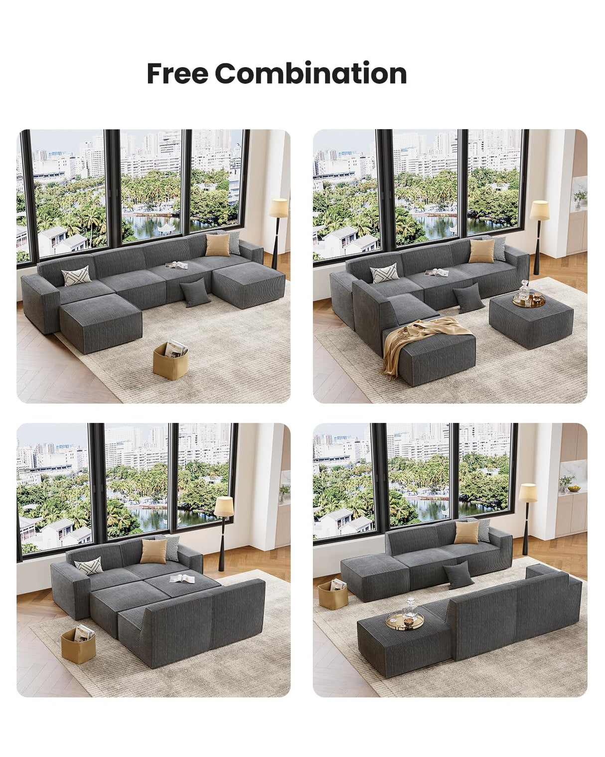 Amada 80" L Shaped Sofa Modular, Corduroy Clopud Couches with Deep Seats &High-Back, Upholstered Couches for Living Room Bedroom with Ottoman, No Assembly Required(2-Seater&1 Ottoman,Grey) AMADA HOMEFURNISHING