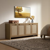 SICOTAS TV Stand for Living Room Rattan Entertainment Center for Bedroom with 4 Rattan Cabinets Farmhouse Television Stands with Storage Large Media Console Table for TVs up to 50 55 60 65 Inch SICOTAS