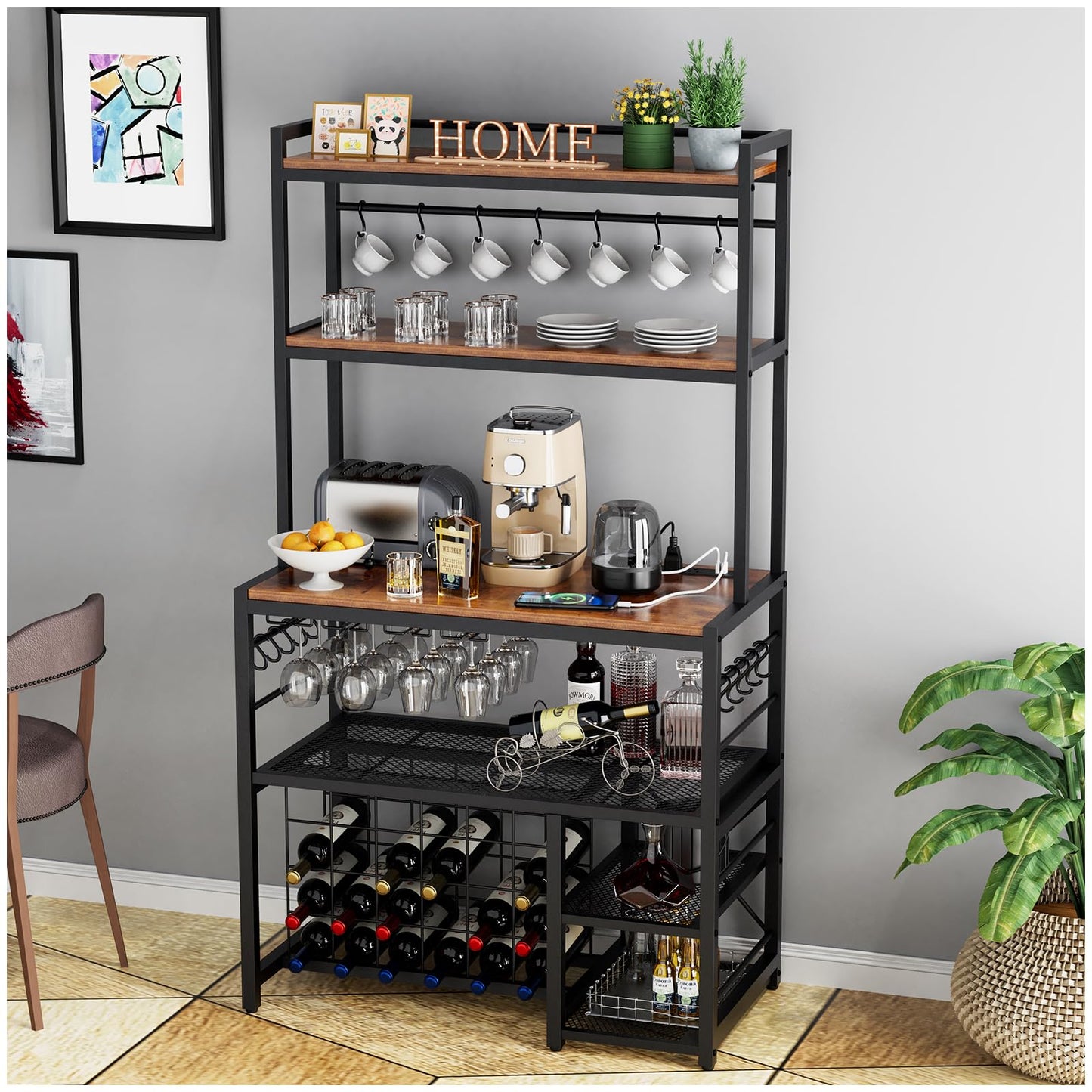 Yacchi Home Premium Wine Bar Cabinet with LED Lighting and Power Outlet, Stylish Freestanding Liquor Storage for Dining Room and Kitchen - WoodArtSupply