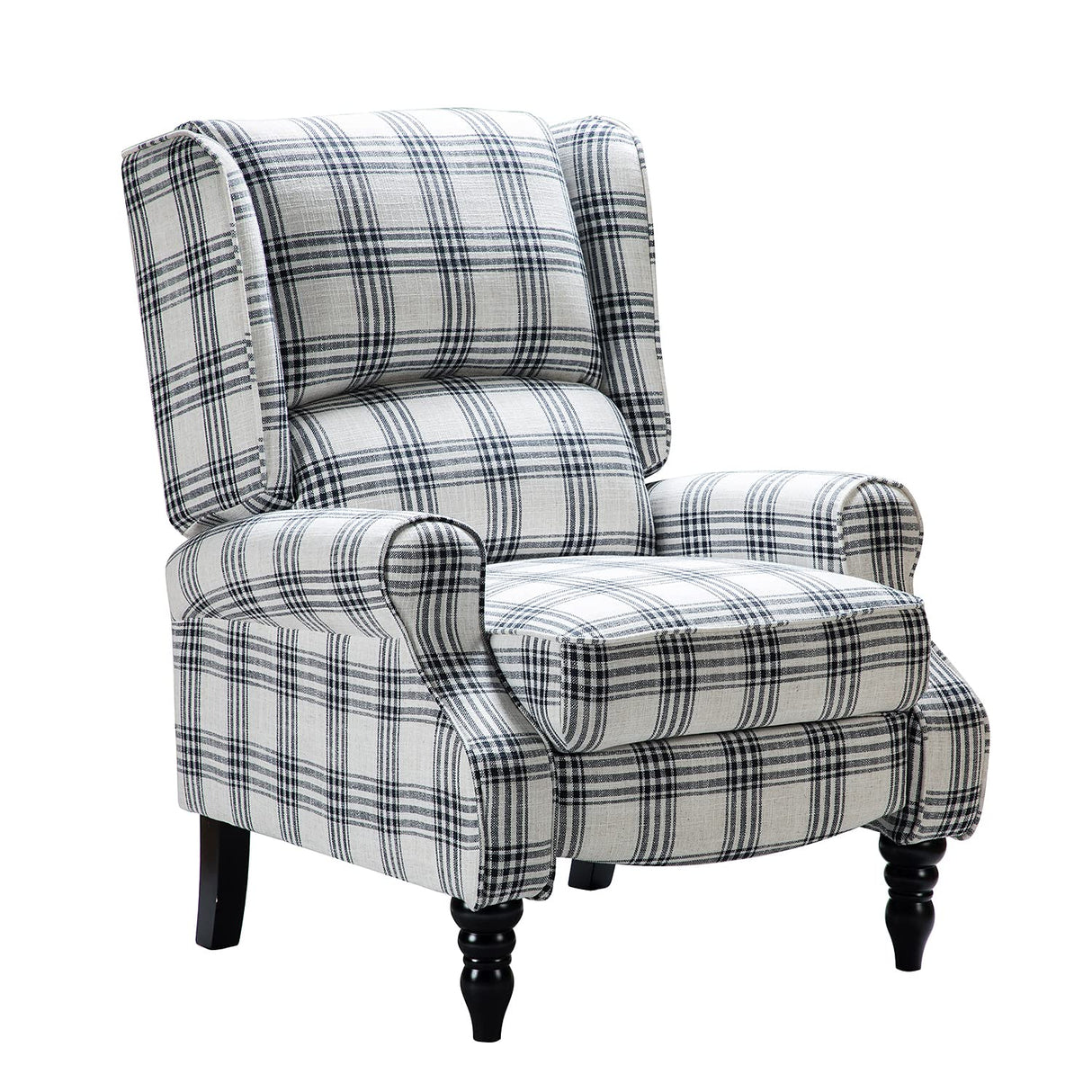HULALA HOME Upholstered Wingback Recliner Chair, Small Adjustable Footrest Push Back Single Reclining Sofa, Mid Century Modern Lounge Armchair for Living Room, Bedroom, Reading/Plaid Black HULALA HOME
