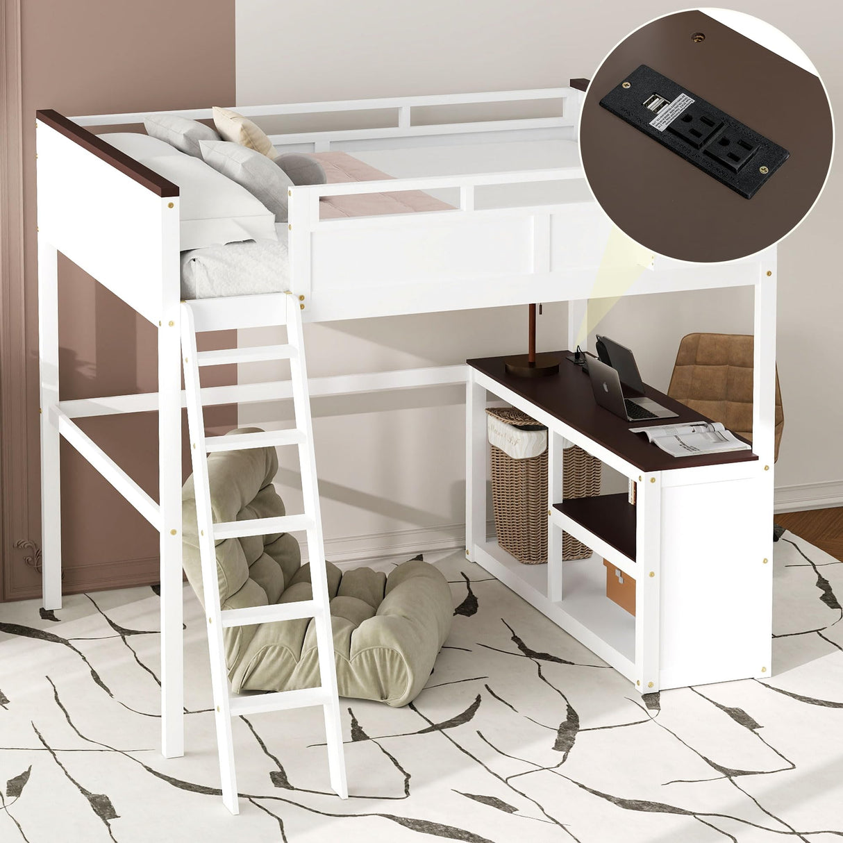 Linique Queen Size Loft Bed with Built-in Desk, Storage Box, Open Shelves and USB Charging Station, Space-Saving Wooden Loft Bed Frame for Teens, Adults & Small Bedrooms (White) Linique