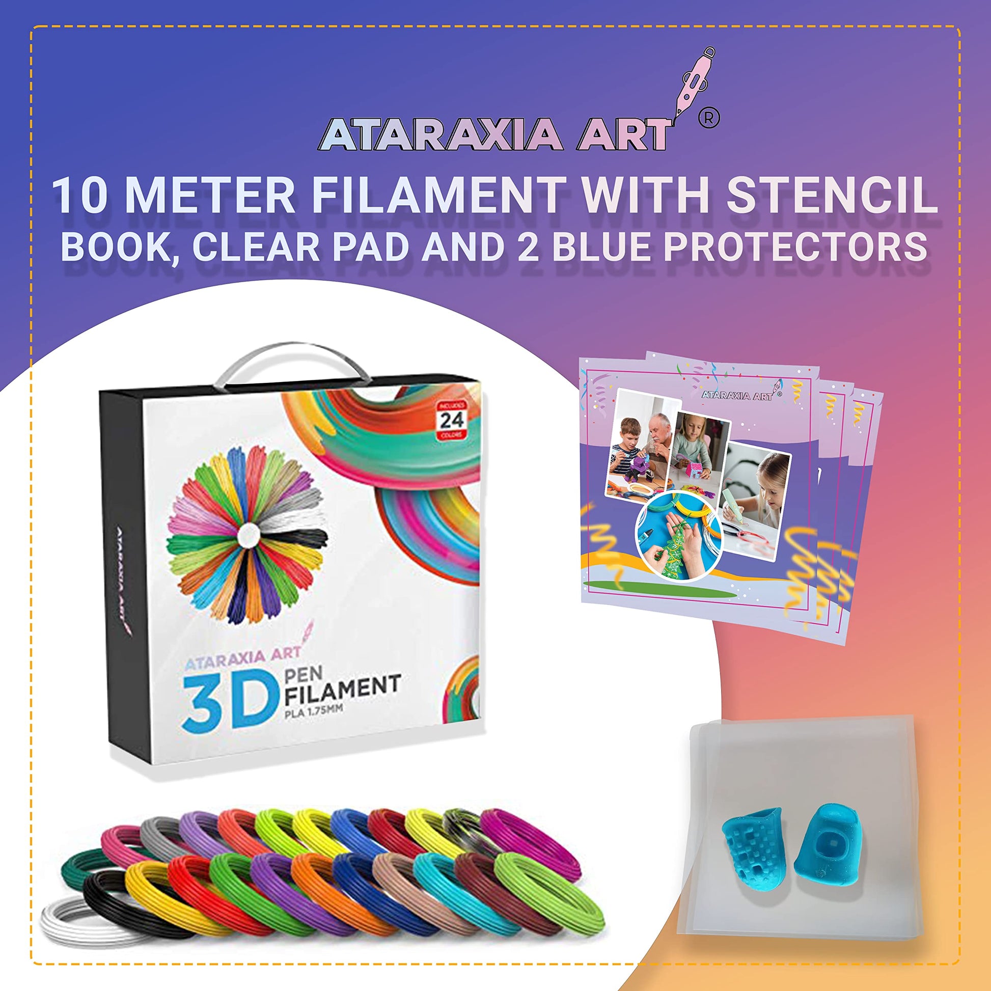 ATARAXIA ART 3D Stencil Book 40 Patterns, Drawing Molds Design Paper for 3D Pen, Reusable Colorful 20 Sheets 40 Pattern, Clear Pad & 2 Finger Caps, Painting Graffiti Template for 3DPen Kids D - WoodArtSupply