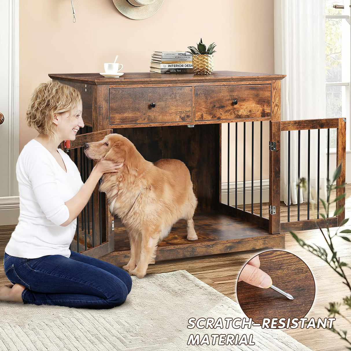 PUKAMI 44inch Dog Crate Furniture with Drawers,Wooden Dog Kennel Furniture for Large Breed,End Table Wood Dog House for Indoor use,Dog Crate for Small/Medium/Large Dog (Brown) PUKAMI