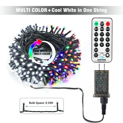 Brizled Color Changing Christmas Lights, 65.67ft 200 LED Cool White & Multicolor Christmas Lights, 11 Modes Remote Dimmable 24V Safe Adapter Outdoor Christmas Tree Lights String for Xmas Party Tree