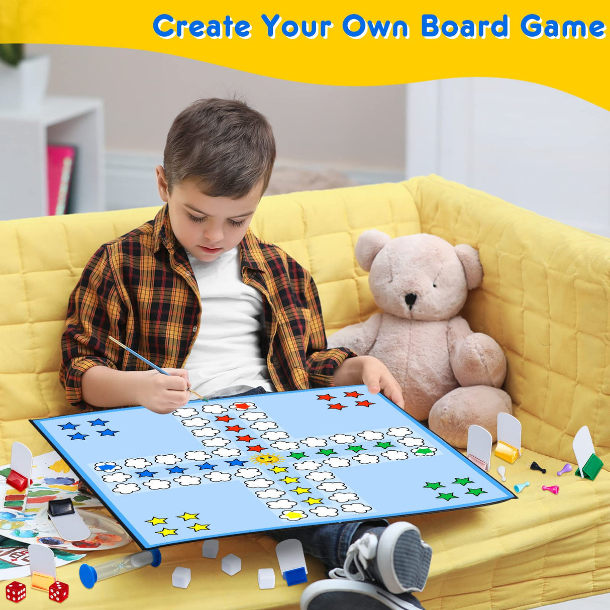 Deekin 131 Pcs DIY Create Your Own Board Game Kit with Blank Playing Cards, Foldable Blank Game Board, Dice, Pieces, Playing Card Stands, Rule Sheet, Sand Time Deekin