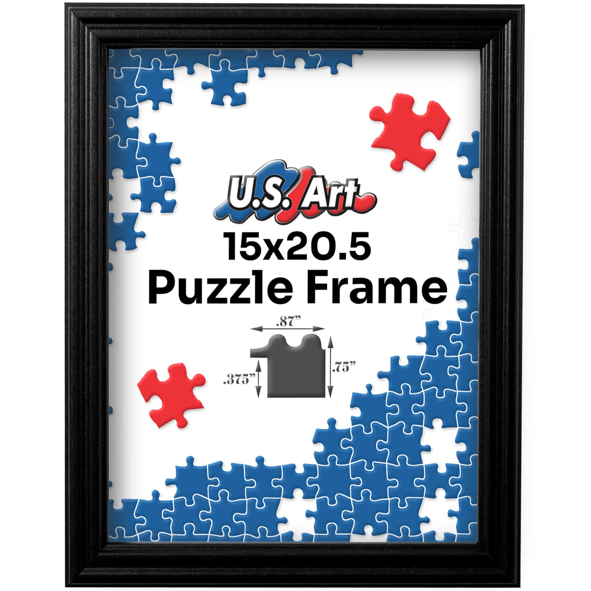 US Art Black 15x20.5 Puzzle Frame .75" Inch Wide - Handmade Solid Wood Jigsaw Puzzle Frames with Preinstalled Hangers and UV Blocking Plexiglass 20.5 x 15 Picture Frame US Art