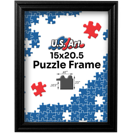 US Art Black 15x20.5 Puzzle Frame .75" Inch Wide - Handmade Solid Wood Jigsaw Puzzle Frames with Preinstalled Hangers and UV Blocking Plexiglass 20.5 x 15 Picture Frame US Art