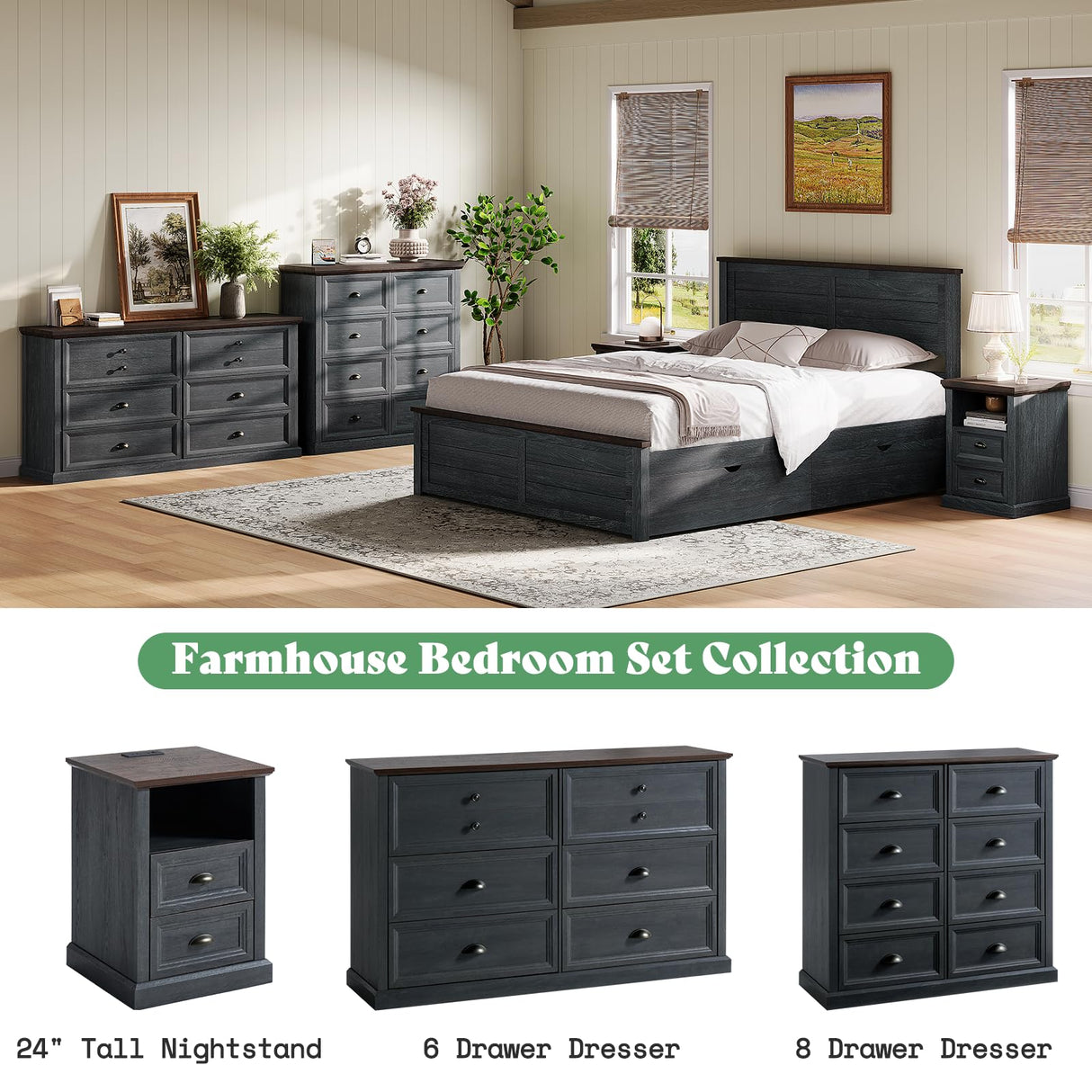 AMERLIFE 42" Dresser for Bedroom, Farmhouse 8 Drawer Dresser, Dressers & Chests of Drawers, Organizer with Storage Drawers, Dark Blue AMERLIFE