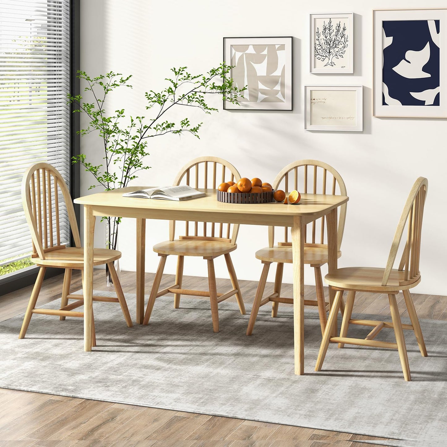 Giantex 48" L Wooden Dining Table Set for 4, 5PCS Rectangular Kitchen Table Set w/Rubber Wood Supporting Legs, Farmhouse Dinner Table & 4 Windsor