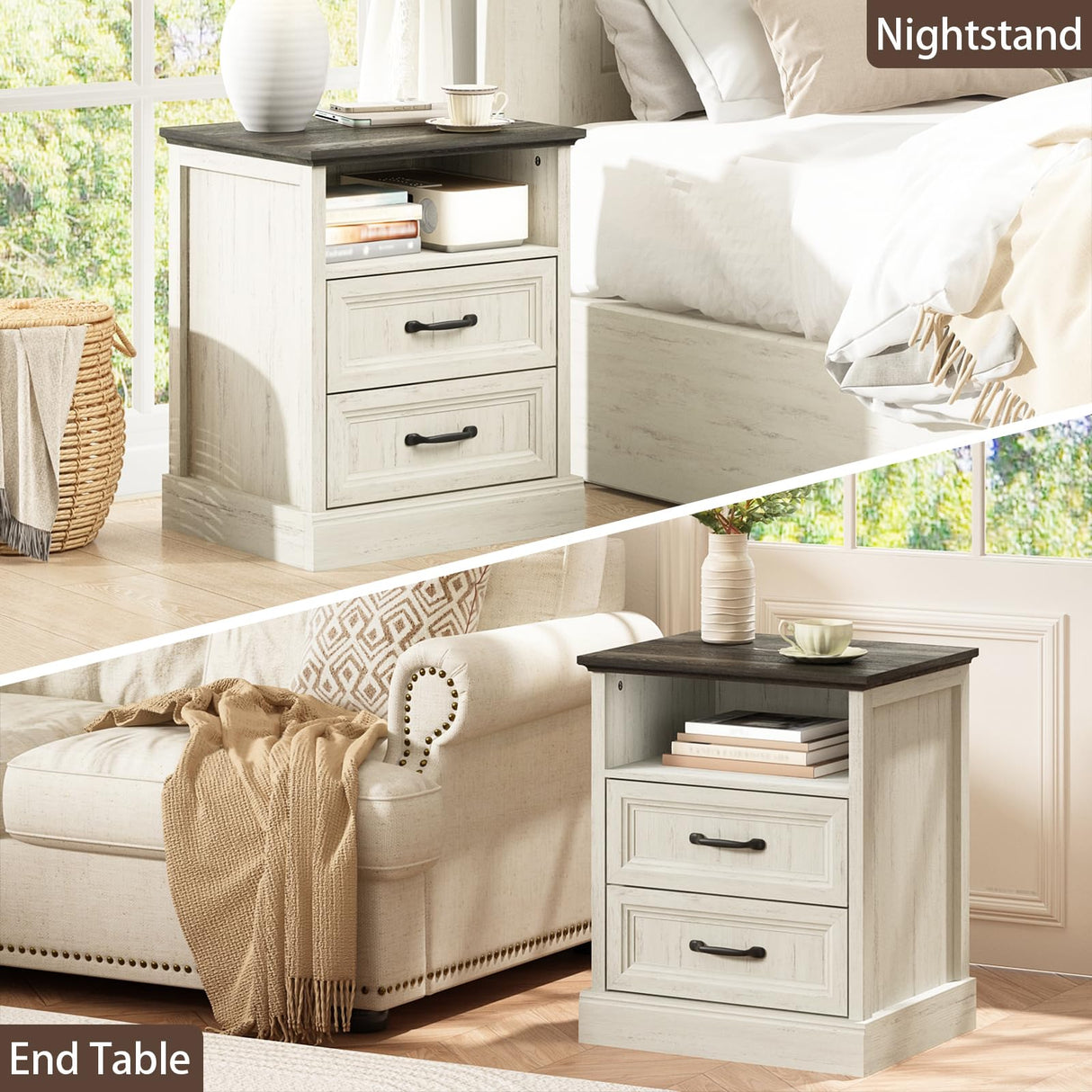 CARPETNAL 20" Farmhouse Nightstand, End Table with 2 Large Drawers & Open Storage, Side Table, Bedside Cabinet for Bedroom, Living Room, White CARPETNAL