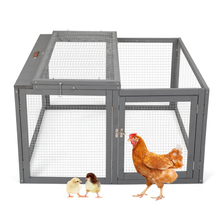 COZIWOW Folding Wooden Chicken Coop Chicken Run, Indoor Outdoor Run with Mesh Cover, Portable Large Rabbit Hutch Small Animal Poultry Cage for Chicks, Duck, Bunny, Kitten, Puppy, Grey COZIWOW