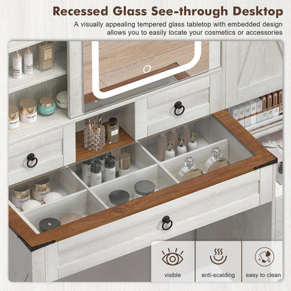 GlouMod Farmhouse Makeup Vanity Desk with Sliding Mirror and Lights, 42" Glass Top Vanity Table with Charging Station & 4 Drawers & 2 Cabinets, Vintage Vanity Set for Bedroom, Stool Included, - WoodArtSupply