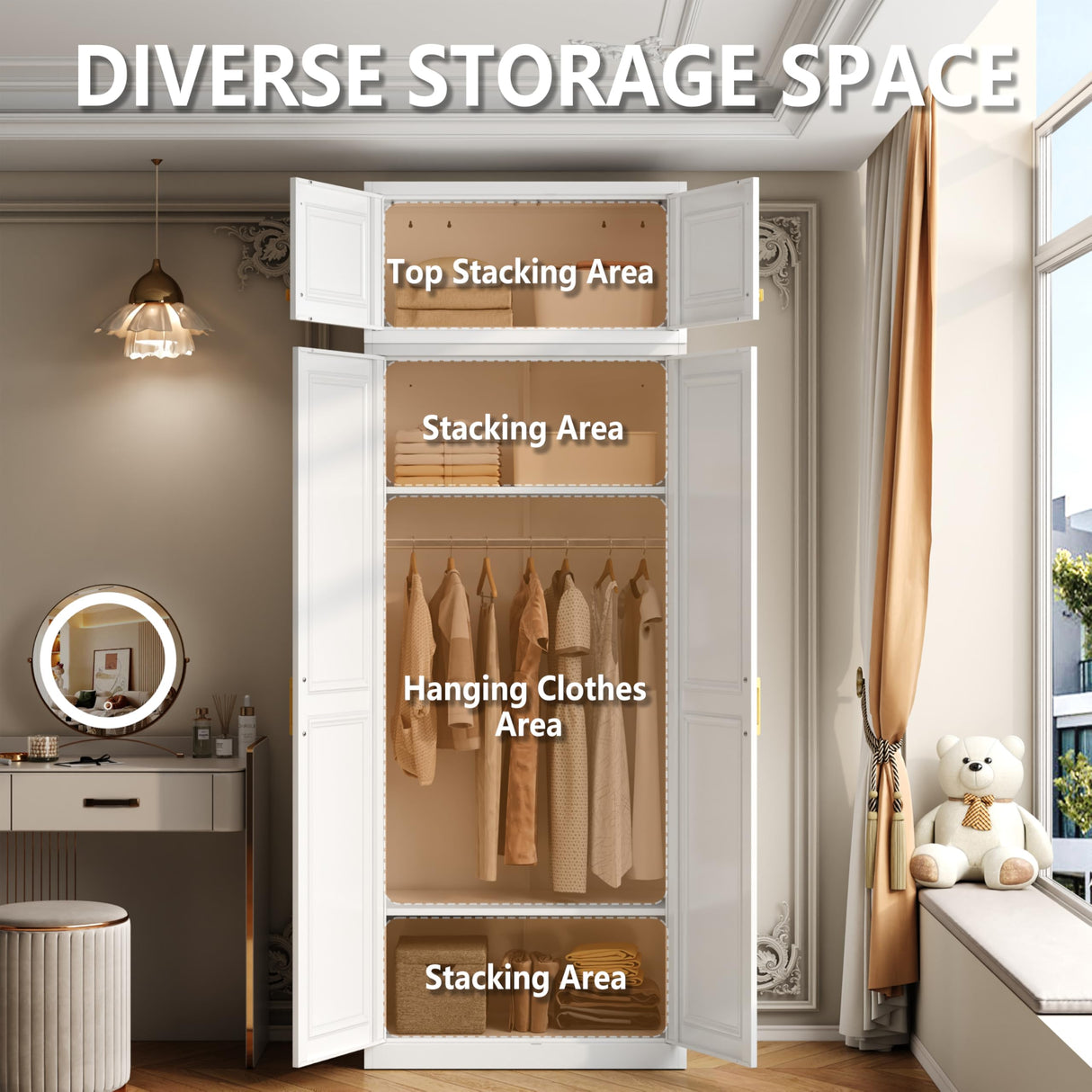 Polup Metal Armoire Closet, 86 Inch Tall Wardrobe Armoire with Hanging Rod, Almirah for Clothes with Doors, 18" D x 32" W x 86" H, White, Assemble Required, Shipped in Two Packages Polup