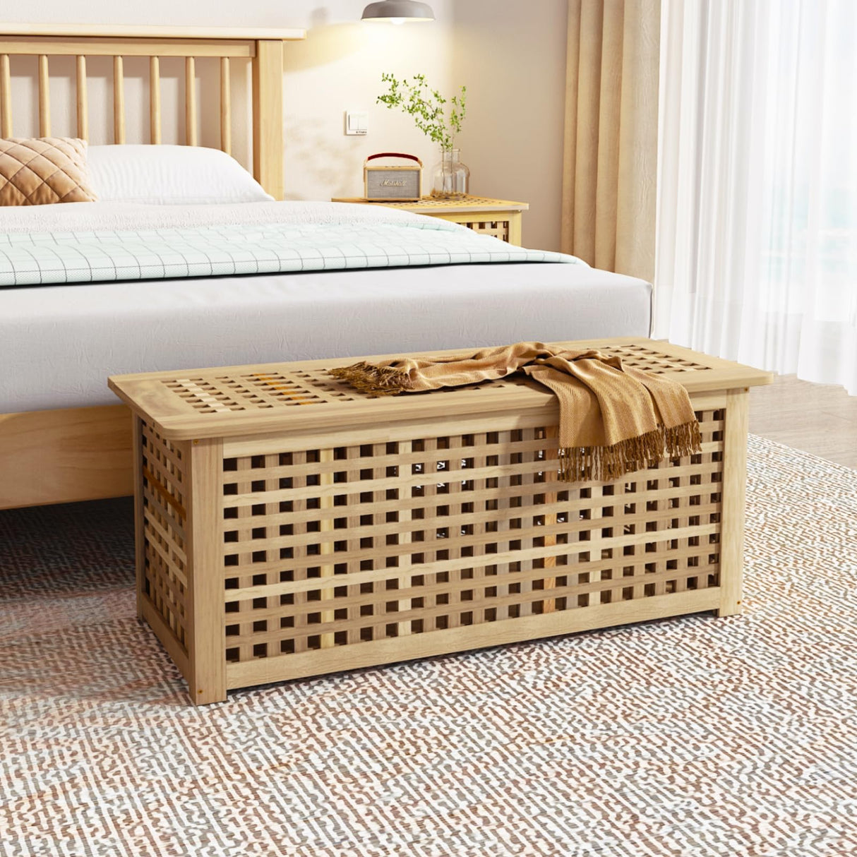 Gashell Bench with Storage, Acacia Laundry Hamper with Seat, Storage Benches with Seating for Entryway, Living Room, Bedroom, Bathroom (15.7x38.6x17.7in) Gashell