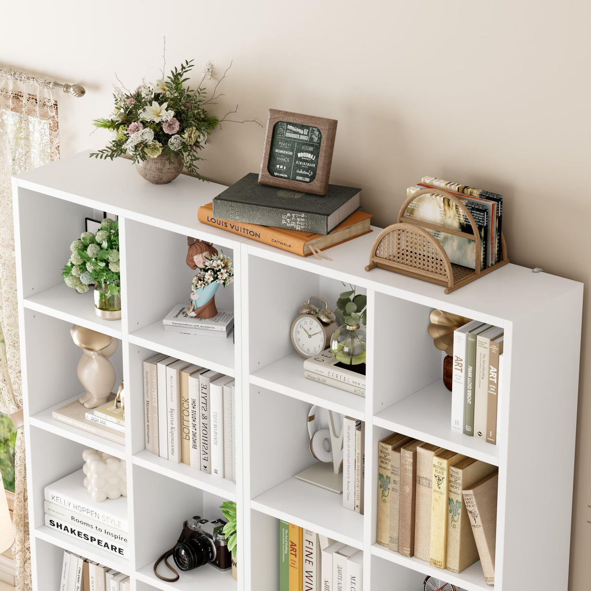 FOTOSOK 71'' Tall Bookshelf, Double Wide Media Tower Rack CD DVD Rack Display Cabinet with Adjustable Shelves, Tall Narrow Bookcase White Bookshelf Cube Shelf for Home Office, White FOTOSOK