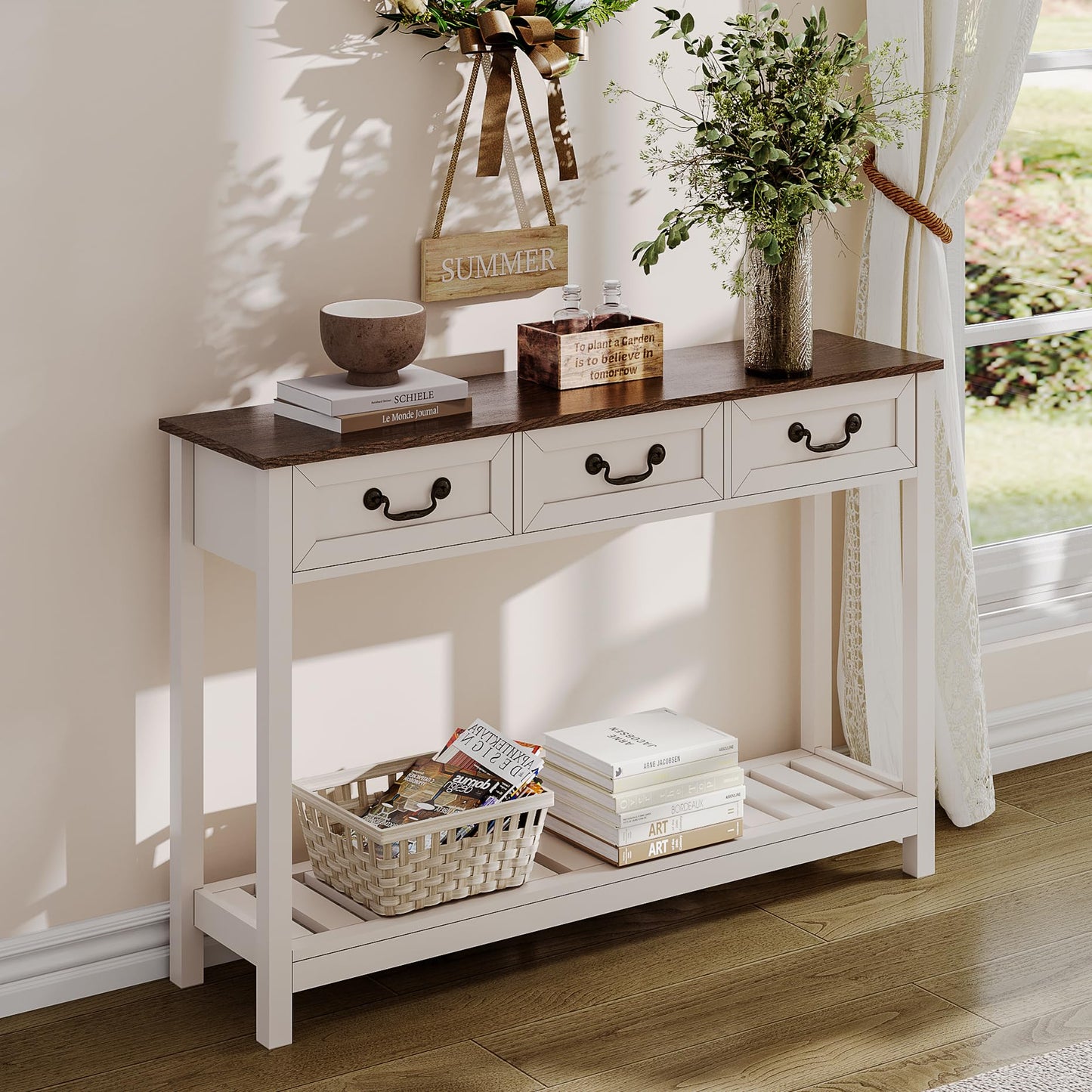 ChooChoo 47" Farmhouse Console Table with 3 Drawers, Rustic Entryway Table, Narrow Long Sofa Table for Living Room, Hallway, Behind Couch, Soft White and Brown - WoodArtSupply