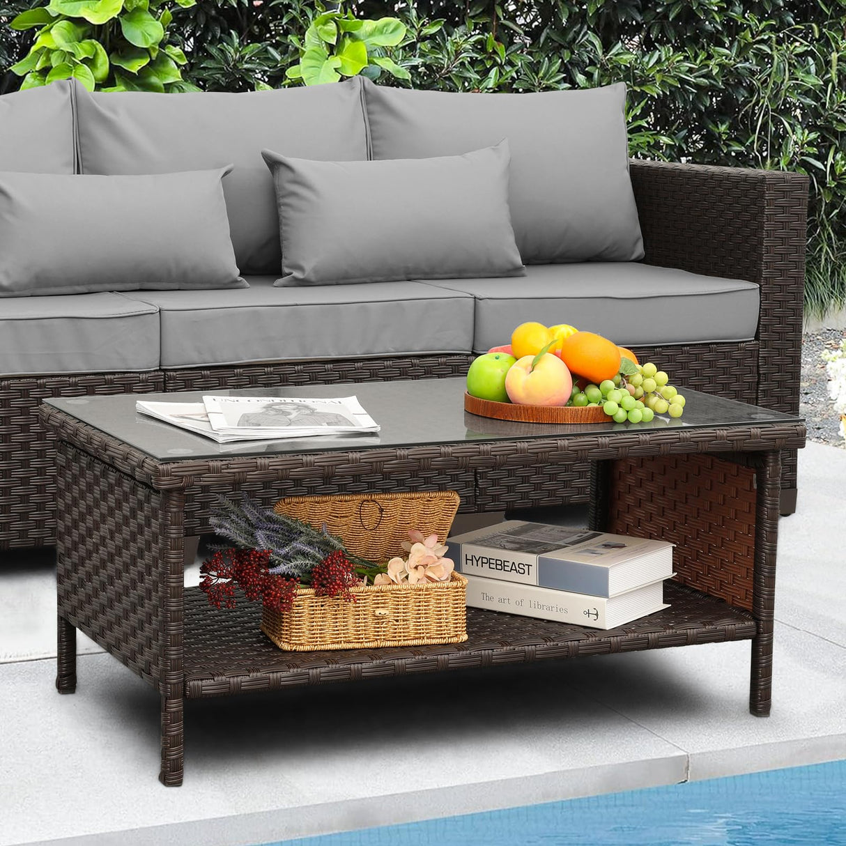 Outdoor Wicker Coffee Table Patio Furniture Garden Rattan 2-Layer Glass Table with Storage and Furniture Cover, Brown Rattaner