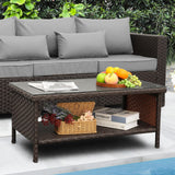 Outdoor Wicker Coffee Table Patio Furniture Garden Rattan 2-Layer Glass Table with Storage and Furniture Cover, Brown Rattaner