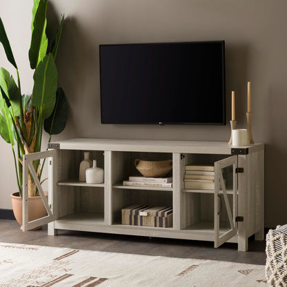 Walker Edison Wesley Modern Farmhouse Glass Door TV Stand for TVs up to 65 Inches, 58 Inch, Stone Grey, Without Fireplace