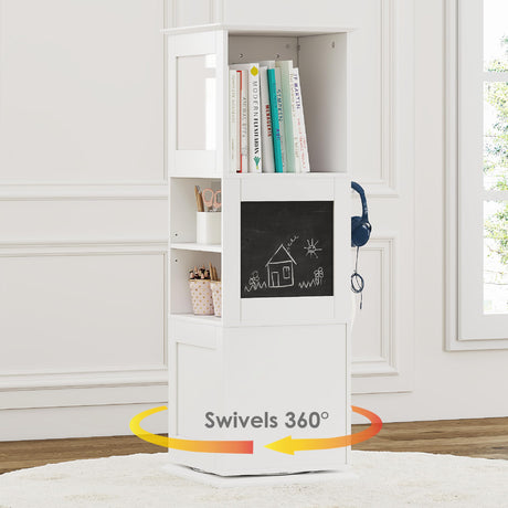 UTEX Kids Rotating Bookshelf Tower, 360 Display Revolving Bookcase with Blackboards and Hooks, 5 Tier Small Spinning Bookshelf for Kids Room, Nursery, Bedroom, Living Room, White UTEX