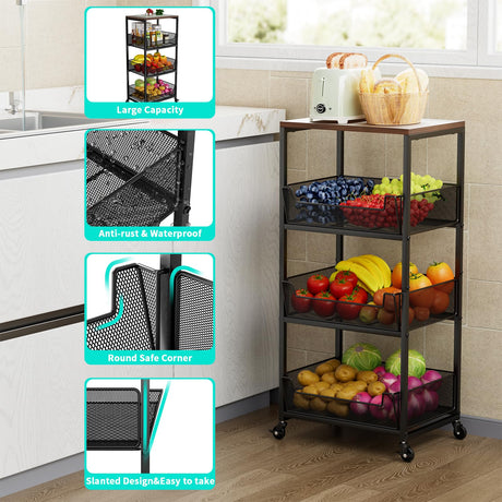 HapiRm Fruit Basket Kitchen Cart - 4-Tier Rolling Storage Cart with Wheels, Fruit Vegetable Basket with Wood Top, Pantry Utility Kitchen Organizer for Fruit Potato Onion Vegetable Bread Snack HapiRm
