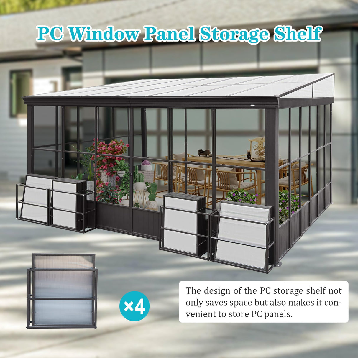 SHPAI 12x14FT Wall Mounted Sunroom, Outdoor Permanent Lean-to Solarium with Detachable Polycarbonate Roof, 2 Lockable Sliding Doors, Aluminum Gazebo Against The Wall Sun Room for Garden Patio Deck SHPAI