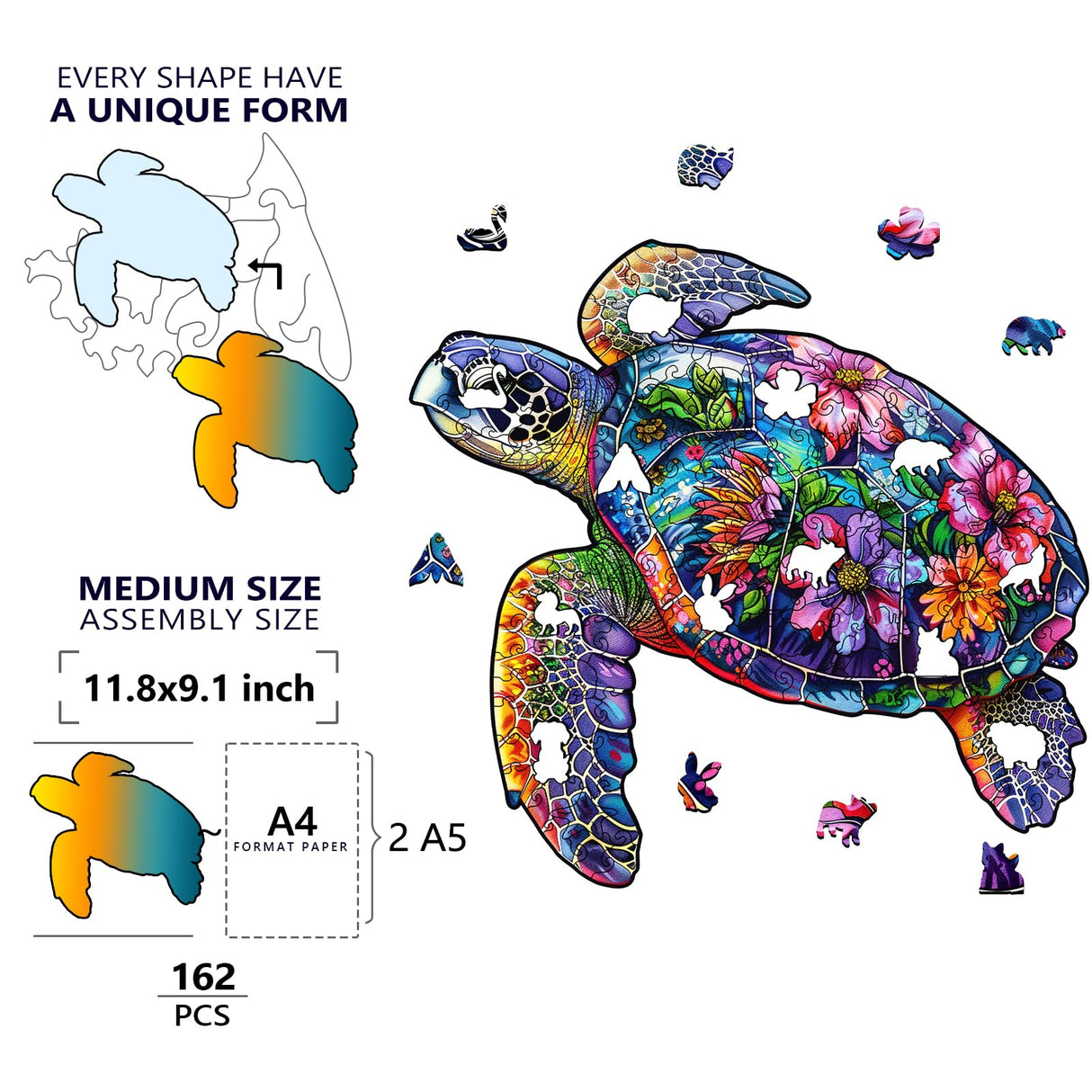 Foyucool Wooden Puzzles for Adults, About 150 Pieces Unique Puzzles for Adults, Irregular Animal Shaped Wooden Jigsaw Puzzles, Creative Gift, Fun Family Game, 11.1 x 5.5 inch, Turtle Foyucool