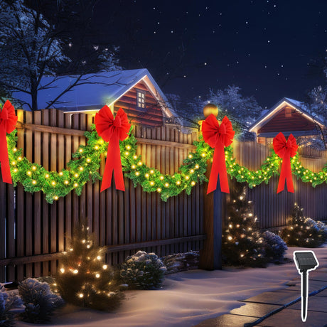 Knitgrip 2 Pcs 9ft Christmas Fence Decorations with Solar Light Christmas Outdoor Decorations with 4 Pcs Large Red Bows Cable Ties for Holiday Patio Outdoor Fence Eaves Knitgrip