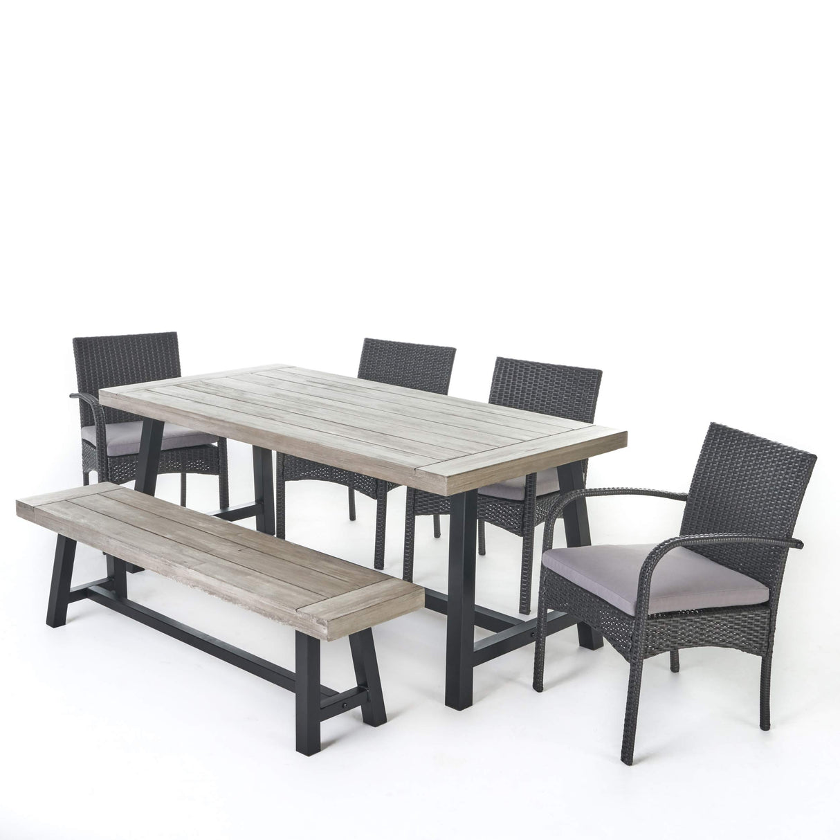 Christopher Knight Home Louise Outdoor Wicker Dining Set with Acacia Wood Table and Bench and Water Resistant Cushions, 6-Pcs Set, Sandblast Light Grey / Black Rustic Metal / Grey / Grey Cushions Christopher Knight Home