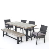 Christopher Knight Home Louise Outdoor Wicker Dining Set with Acacia Wood Table and Bench and Water Resistant Cushions, 6-Pcs Set, Sandblast Light Grey / Black Rustic Metal / Grey / Grey Cushions Christopher Knight Home