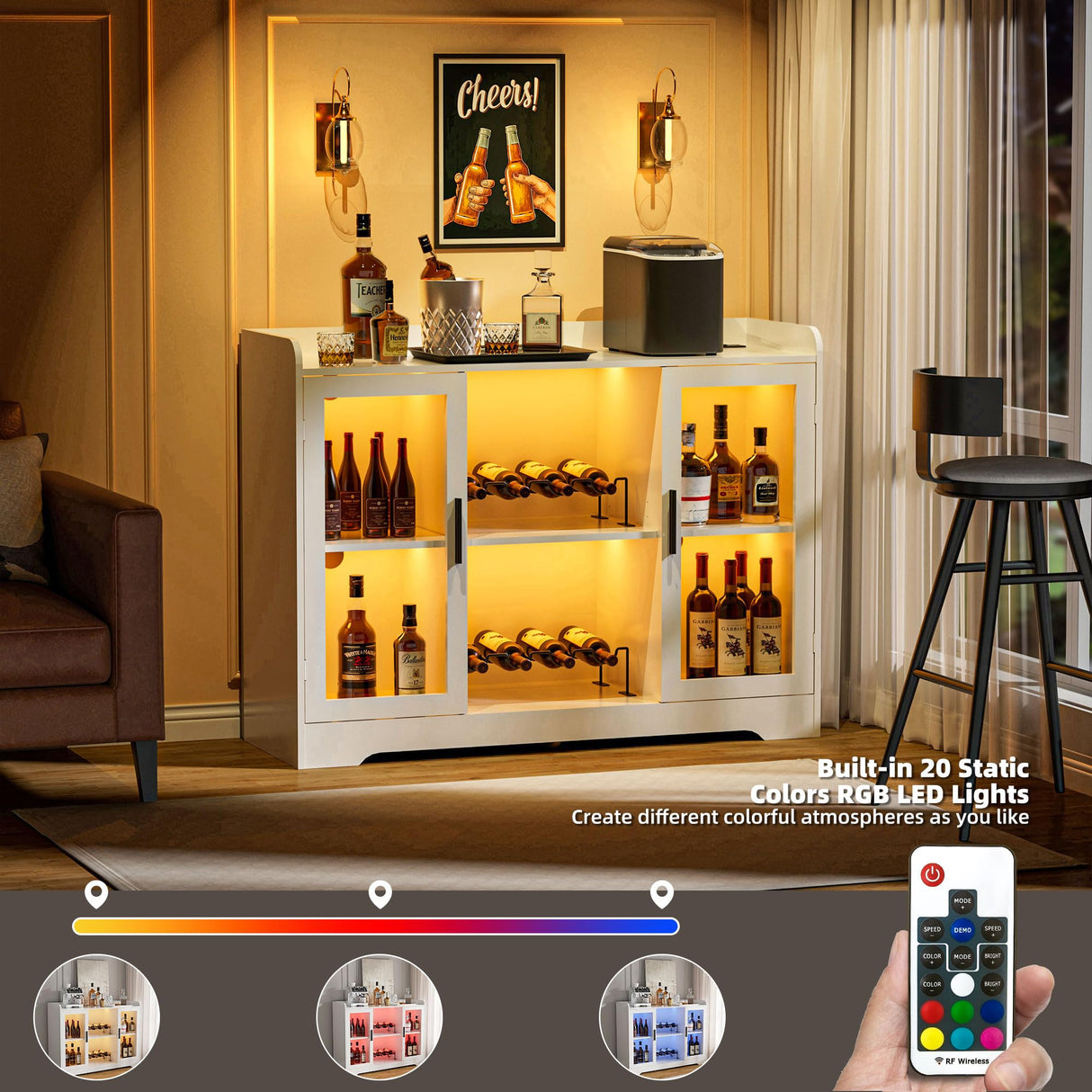 Ludatido Wine Bar Cabinet for Home, Liquor Cabinet with LED Lights, Power Outlet, Storage, Glass Door for Living Room, Dining Room, Home Bar - White Ludatido