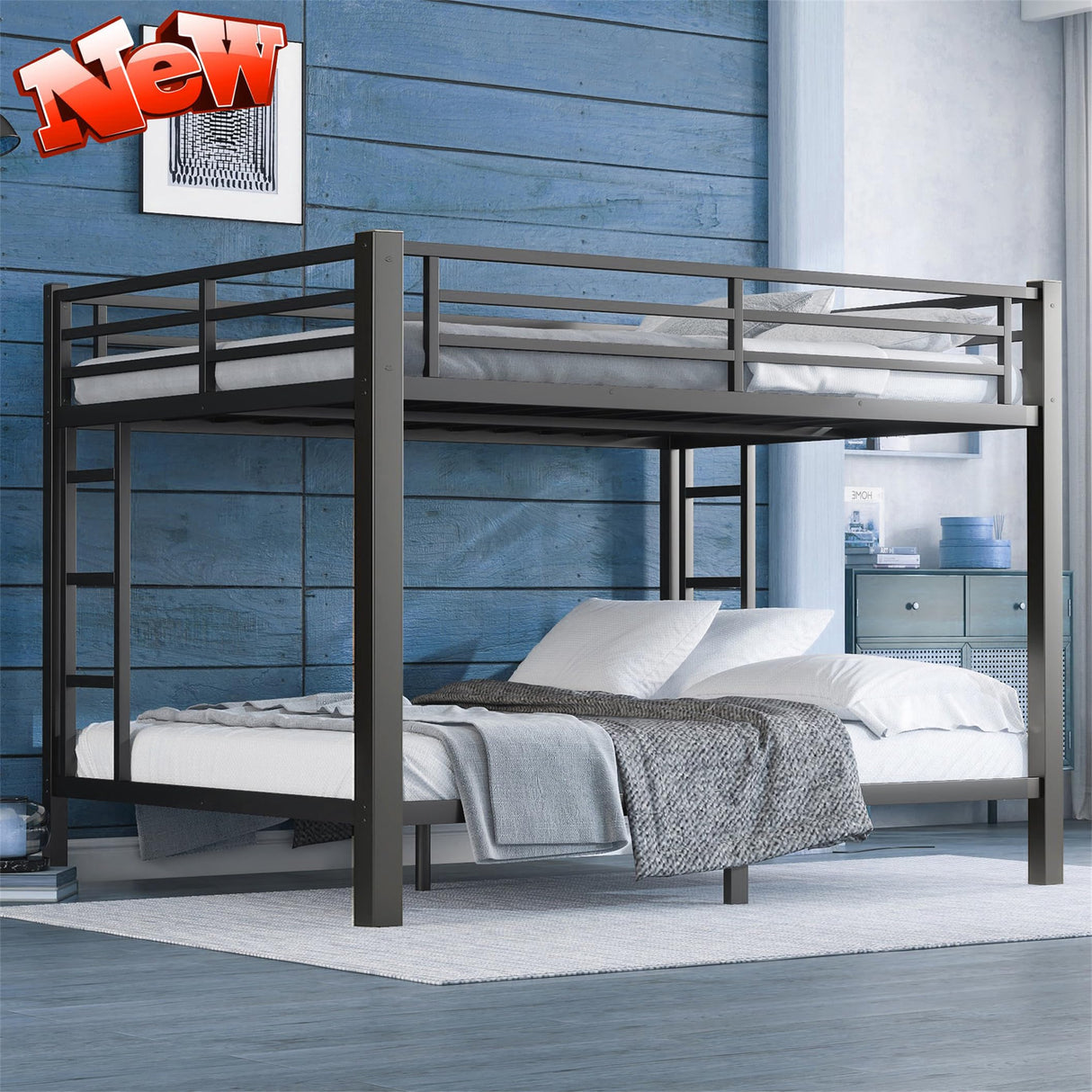 JOZHAOJUN Upgraded Version Thicken Metal Queen Over Queen Bunk Bed, Heavy-Duty Steel Bunk Bed Queen Over Queen Size, Queen Bunk Bed Frame with Ladder for Adults, Easy Assemble (Queen Over Queen) FTTFFLL