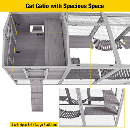 Aivituvin Deformation Cat Catio Outdoor Cat Enclosure, Cat Run with Super Large Sleep House, Wooden Kitty Condo Cat House with Bridges, Walks -130 Inch