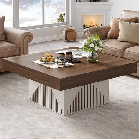 ONBRILL Coffee Table, Square Coffee Table with LED, Wood Low Coffee Table for Living Room, Center Table for Living Room, Natural Wood Grain - Rustic Brown+White ONBRILL