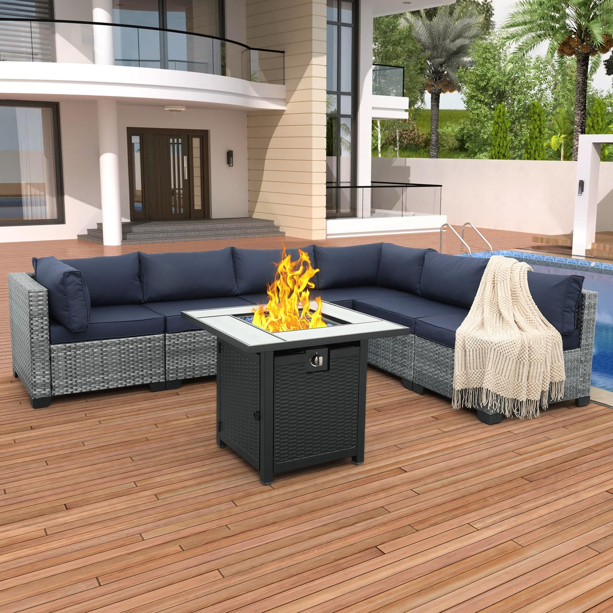 Valita 7 Piece Outdoor PE Wicker Furniture Set, Patio Gray Rattan Sectional Sofa Couch Adjustable Gas Fire Pit Dark Blue Cushions Valita