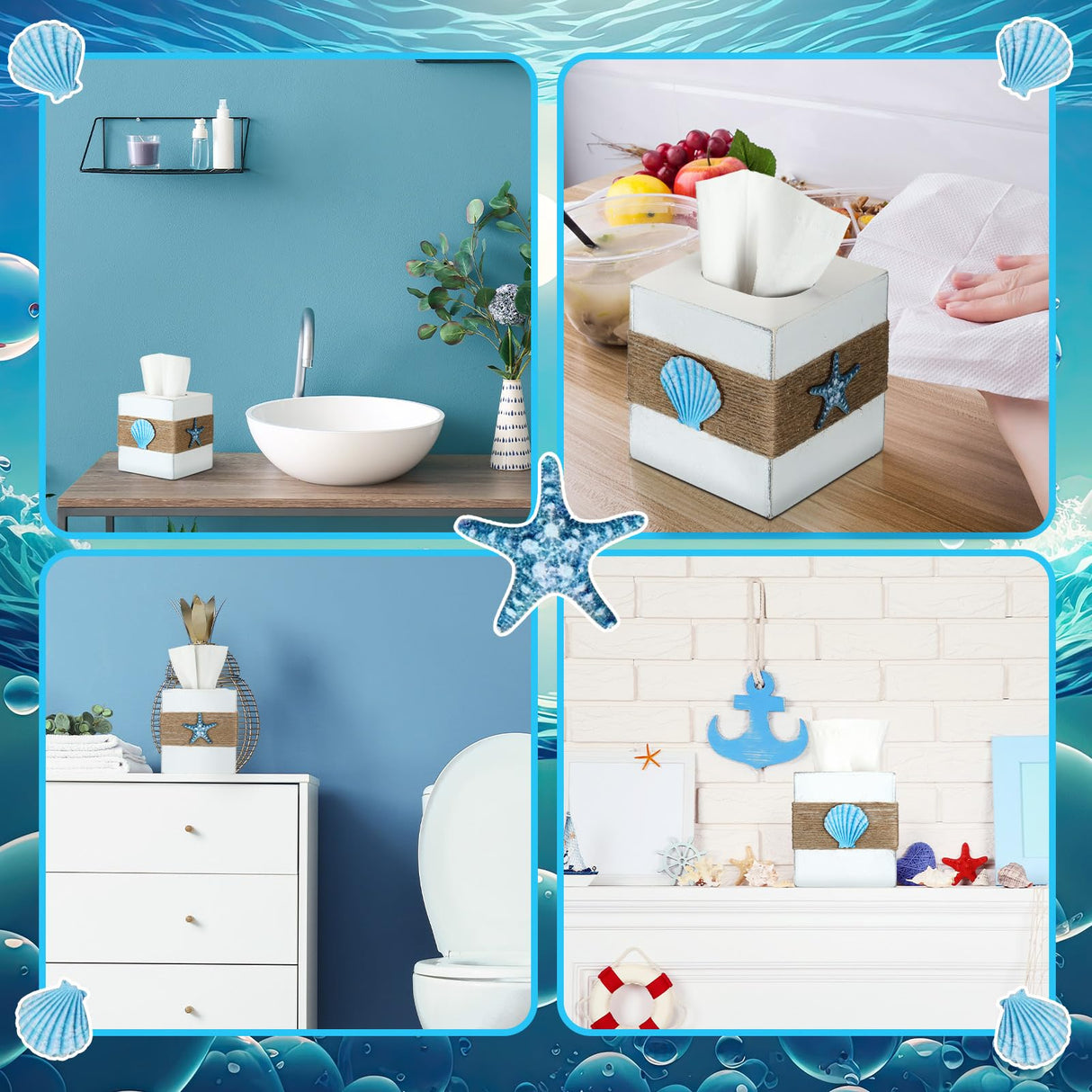 Threehoney Wood Tissue Box Cover Square Beach Farmhouse Bathroom Accessories Conch Starfish White Tissue Box Holder with Slide out Bottom Panel Rustic Beach Room Decor Decorative Coastal Napkin Holder Threehoney